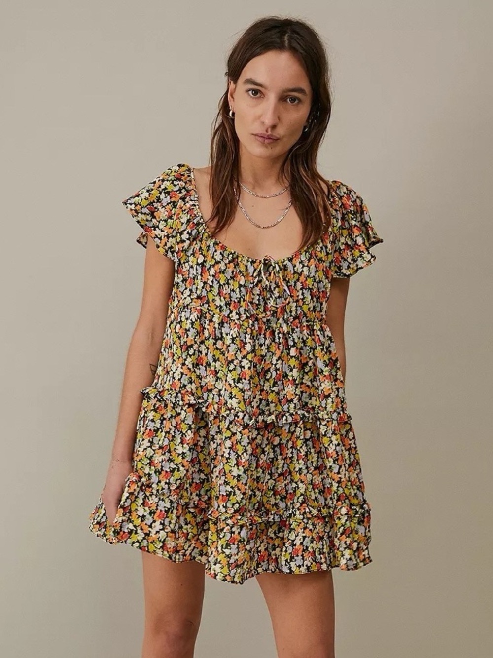 Urban Outfitters Black Floral Tiered Mini Dress with Orange‎ & Yellow Accents